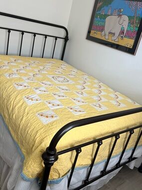 Vintage Handmade Yellow Sunflower Patchwork Quilt Full Embroidered Retro 1930